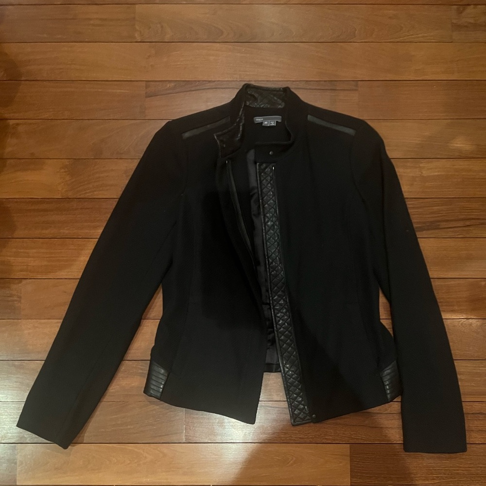 Vince Black cotton and leather moto suit blazer jacket XS 2